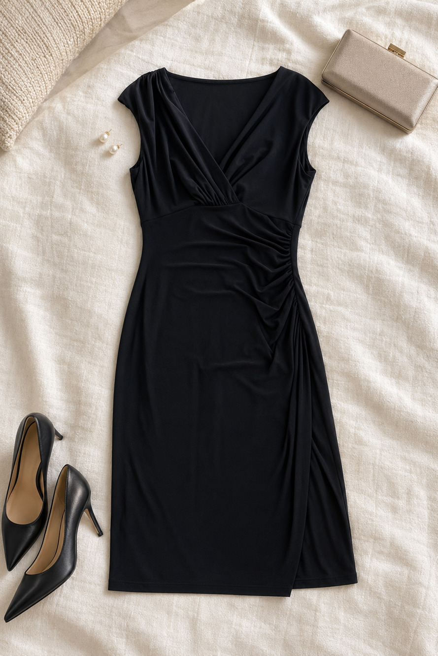 Lauren Ralph Lauren Black Ruched Faux Wrap Sheath Dress Size 6 Little Black Dres